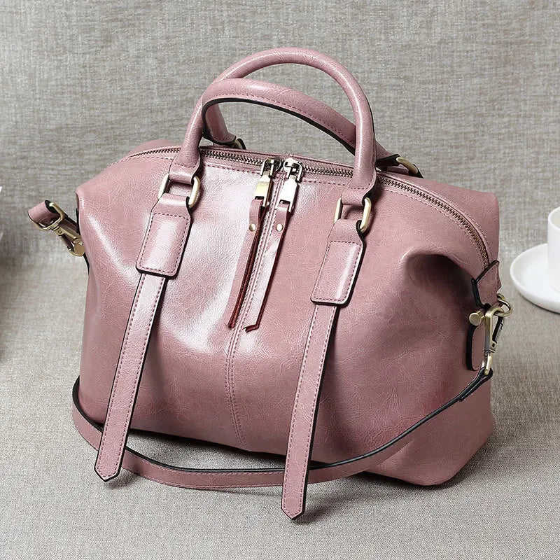 Retro Handheld Oil-Waxed Cowhide Leather Women's Boston Bag Large Capacity Trendy Women Shoulder Crossbody Bag Spacious Tote - The Totez