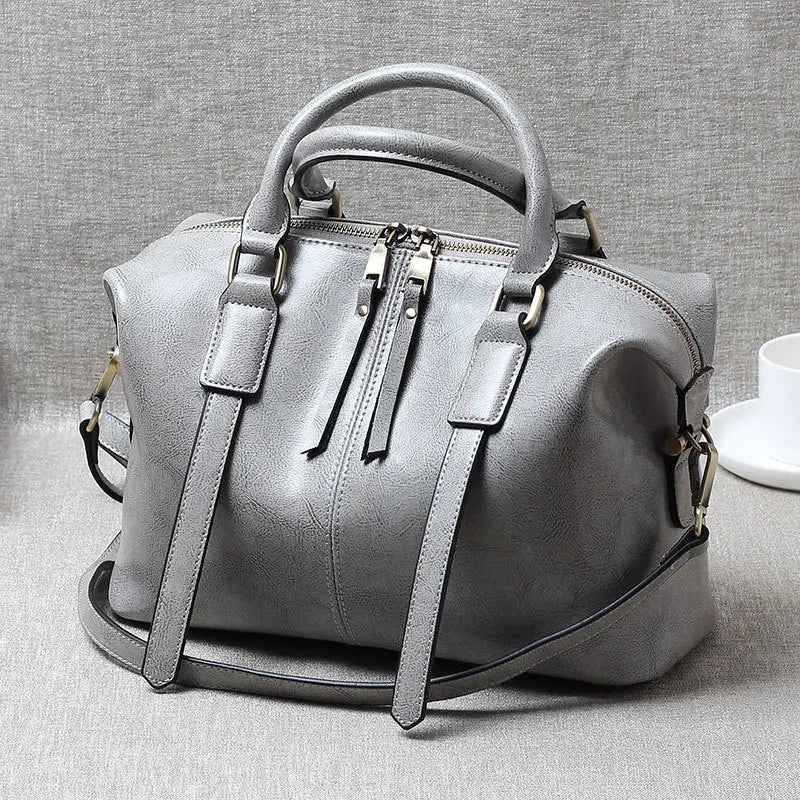 Retro Handheld Oil-Waxed Cowhide Leather Women's Boston Bag Large Capacity Trendy Women Shoulder Crossbody Bag Spacious Tote - The Totez