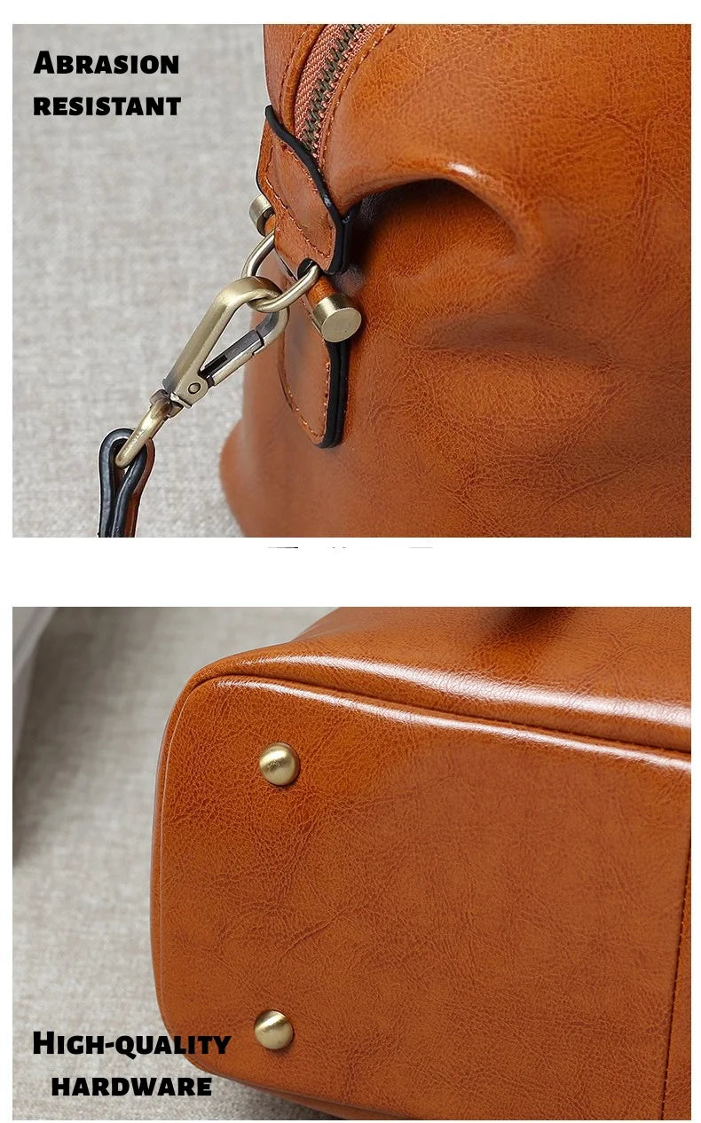 Retro Handheld Oil-Waxed Cowhide Leather Women's Boston Bag Large Capacity Trendy Women Shoulder Crossbody Bag Spacious Tote - The Totez