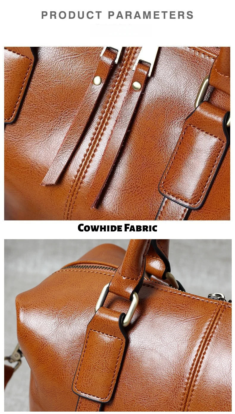 Retro Handheld Oil-Waxed Cowhide Leather Women's Boston Bag Large Capacity Trendy Women Shoulder Crossbody Bag Spacious Tote - The Totez